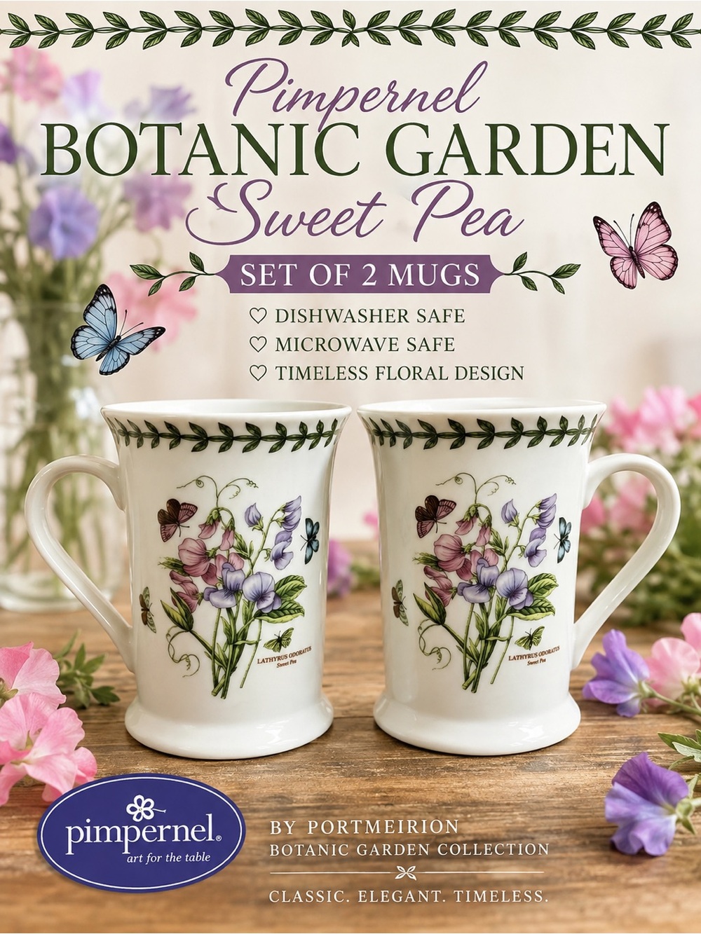 Portmeirion Pimpernel Botanic Garden Sweet Pea Floral Mugs Set of 2